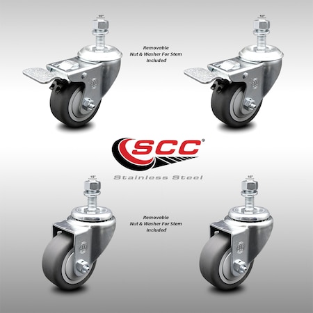 Service Caster 3 Inch SS Thermoplastic Rubber 1/2 Inch Threaded Stem Caster Total Lock Brake, 2PK SCC-SSTSTTL20S314-TPRB-121315-2-S-2